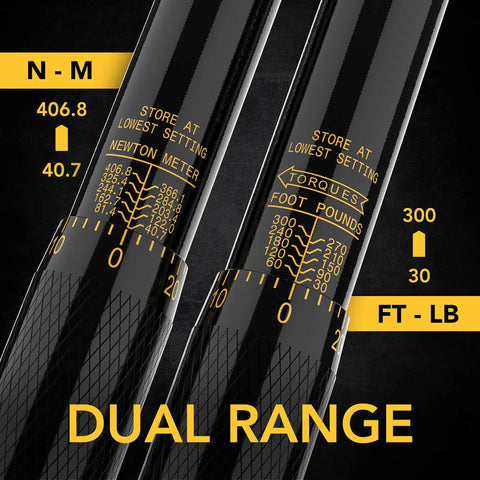 Close-up of scale markings on Three Quarter Inch Drive Click Torque Wrench 30 To 300 Foot-Pounds, 40.7 To 406.8 Nm, Pre-Calibrated To Four Percent With Calibration Certificate, Heavy-Duty Chrome Vanadium Gear Head, Durable Tool For Auto, Motorcycle, And DIY