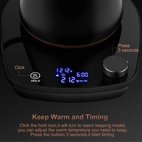 Digital display panel of Gooseneck Electric Kettle With Smart Temperature Control, 0.9L Stainless Steel Interior, 1000W Fast Heat, Ideal For Pour Over Coffee And Tea, Boil Water Quick, Black