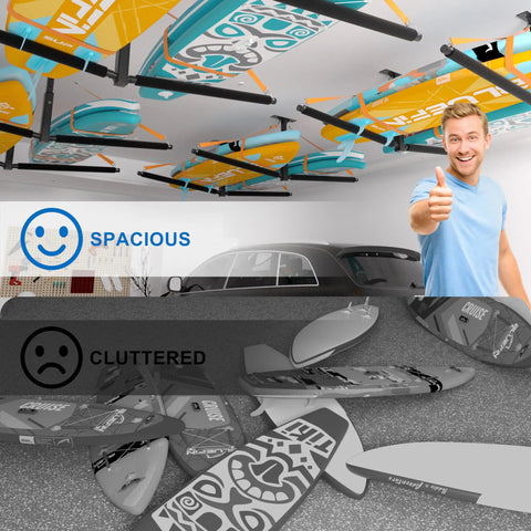 Double Paddleboard And Surfboard Ceiling Storage Rack For Garage Adjustable Overhead Hanger With Straps For Skis