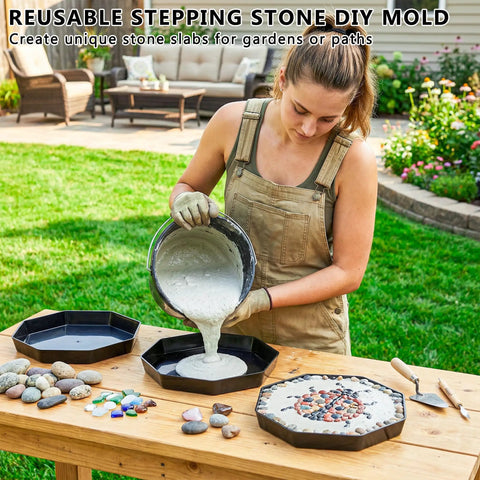 Woman pouring concrete into Octagonal Stepping Stone Mold Set, Easy To Use 3 Reusable Plastic Concrete Molds For DIY Walkways.