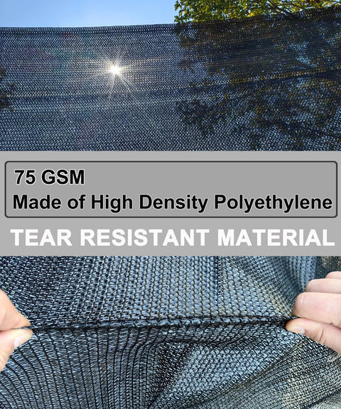 Close-up of Black Shade Cloth 70 To 80 Percent UV Protection 20 Feet By 20 Feet Sun Mesh Net, showing texture and sunlight filtering.