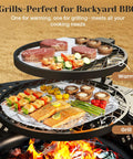 43 Inch Outdoor Fire Pit Table With Two Removable Grills showcasing food being grilled and warmed; displayed on a grassy background.