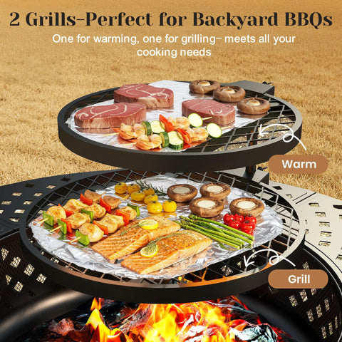 43 Inch Outdoor Fire Pit Table With Two Removable Grills showcasing food being grilled and warmed; displayed on a grassy background.