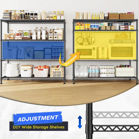 Extra Wide 4 Tier Storage Rack With 800 Lbs Capacity Adjustable Shelves Black Metal Shelf Unit For Garage Closet Kitchen Utility And Bulk Storage Heavy Duty Steel Construction For Long Lasting Use in kitchen and garage
