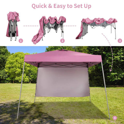 10x10 Ft Pop Up Canopy Tent With Slant Leg Frame Sidewall And Vented Panels Hangout Ready Portable Gazebo Shelter For Patio Deck Beach And Garden Waterproof UV Protection Quick Setup Pink, shown in setup sequence and installed view.