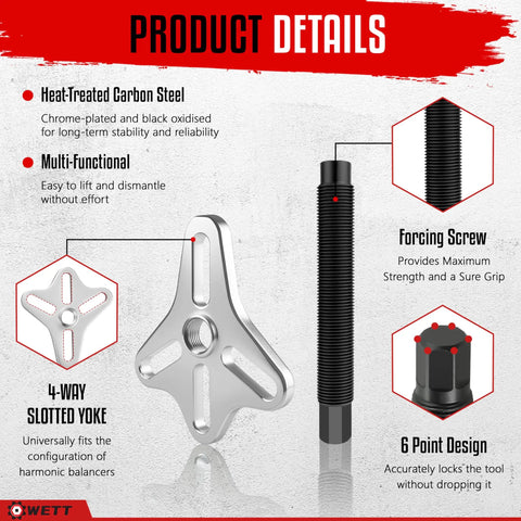 Harmonic Balancer Puller Set product details, showing heat-treated steel, slotted yoke, forcing screw, and 6-point design.