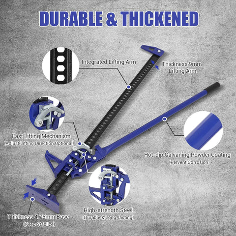 Illustration of 60 Inch High Lift Farm Jack 3 Ton Heavy Duty Utility Off Road Jack Ratcheting Bumper Lift, blue, features highlighted