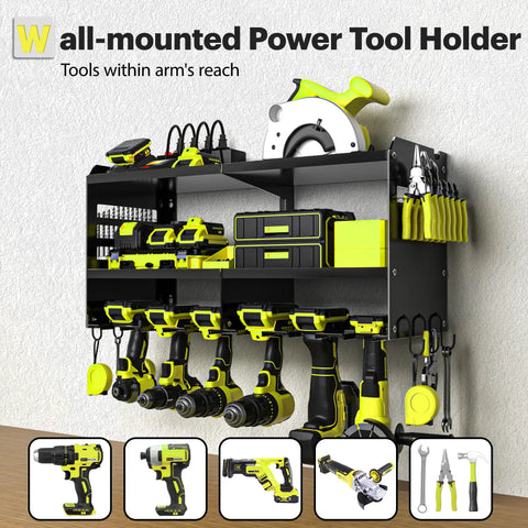Power Tool Organizer Wall Mount With Charging Station, 3 Layer Heavy Duty Metal Tool Storage Rack Holds 420lbs, 6 Cordless Drill Holders, 4 Outlets in garage workshop.