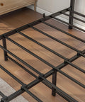Top Tier Queen Platform Bed Frame With Solid Wooden Headboard Heavy Duty Steel Base view of steel slats and support beams.