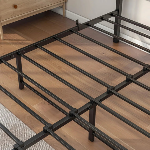 Top Tier Queen Platform Bed Frame With Solid Wooden Headboard Heavy Duty Steel Base view of steel slats and support beams.