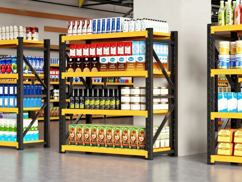 Heavy Duty Metal Garage Shelving Unit, A Dang Solid Shop Storage Rack That Tackles Every Heavy Tool Without Cracking A Sweat, Industrial Load Bearing Organizer, Black Yellow, 47 By 79 By 24 Inches holding assorted products.