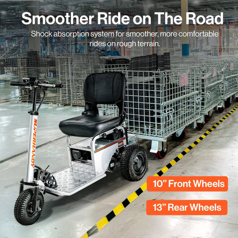 Awesome Heavy Duty Electric Tugger Cart With 2600 Lb Tow Power Perfect For Warehousing And Moving Gear With Ride On Seat For Tough Mobility Jobs with a ride-on seat and shock absorption system.