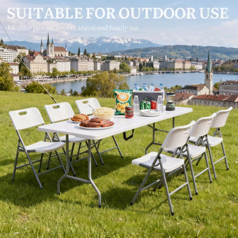 6 Foot Folding Table With Carrying Handle, Heavy Duty Steel Frame, 1.35 Inch Thick HDPE Top, Portable Picnic Setup in Park