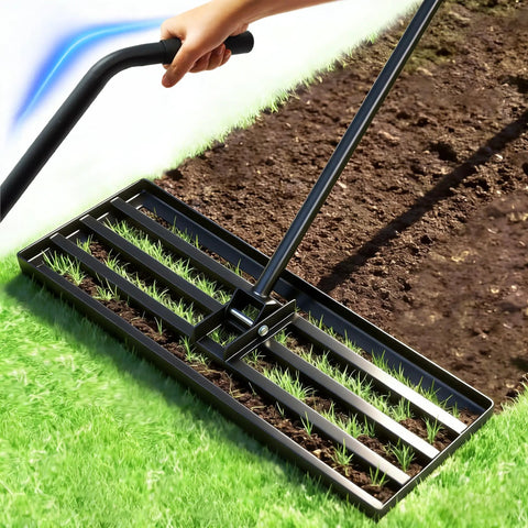 Workhorse Lawn Leveling Rake With A 30 Inch By 10 Inch Stainless Steel Head And 6 Foot Handle leveling grass and soil