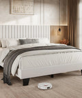 Full Size Bed Frame With Headboard White Upholstered Velvet Platform Bed Built Like A Tank With Solid Wood Slats Rock Solid Support No Box Spring Required No Fuss Setup For Modern Spaces in bedroom setting with decor.