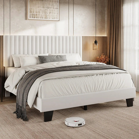Full Size Bed Frame With Headboard White Upholstered Velvet Platform Bed Built Like A Tank With Solid Wood Slats Rock Solid Support No Box Spring Required No Fuss Setup For Modern Spaces in bedroom setting with decor.