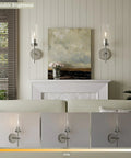 Seasonize Sand Nickle Battery Operated Wall Sconce Set of 2 installed on wall with adjustable brightness in living room setting.