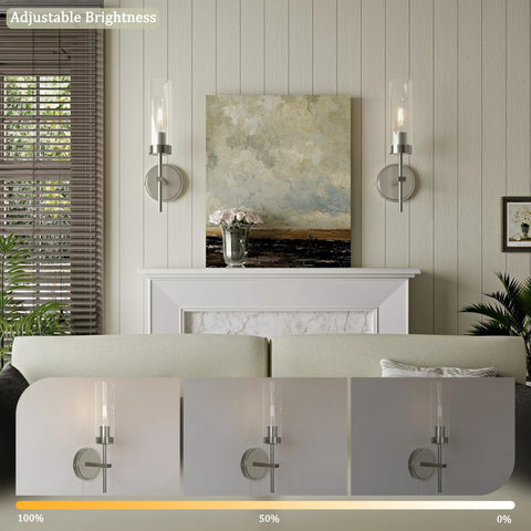 Seasonize Sand Nickle Battery Operated Wall Sconce Set of 2 installed on wall with adjustable brightness in living room setting.