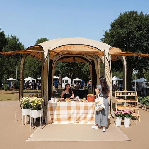 12x12 Ft Pop Up Canopy Tent With Bug Proof Mesh Waterproof Walls And Wind Resistant Frame shown in outdoor setting