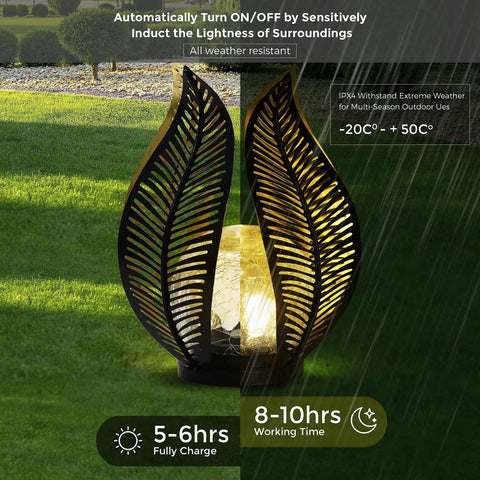 Solar Garden Lights Dope Waterproof Decor Crackle Globe Glass With Metal Palm Leaf Design on lawn in rain