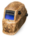K4134-1 Welding Helmet With Brown Plastic Shell, Ratchet Headgear, Auto Darkening Lens Shade 9 To 13, Sick Graphics, Front View