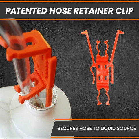 Patented hose retainer clip for portable hand fuel transfer pump secures hose to container, shown in orange