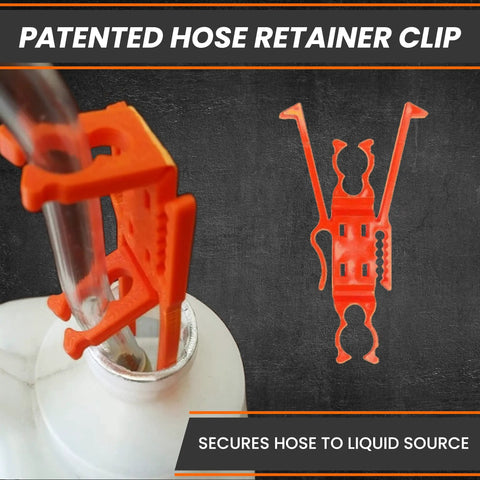 Deluxe Siphon Pump For Gas, Diesel, And Water With 8 Foot Hose, Fast 4 GPM Transfer, retainer clip securing hose in bottle