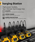 Close-up of 6-slot power strip with surge protection and charging tools on Power Tool Organizer Wall Mount With Charging Station.
