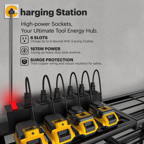 Close-up of 6-slot power strip with surge protection and charging tools on Power Tool Organizer Wall Mount With Charging Station.