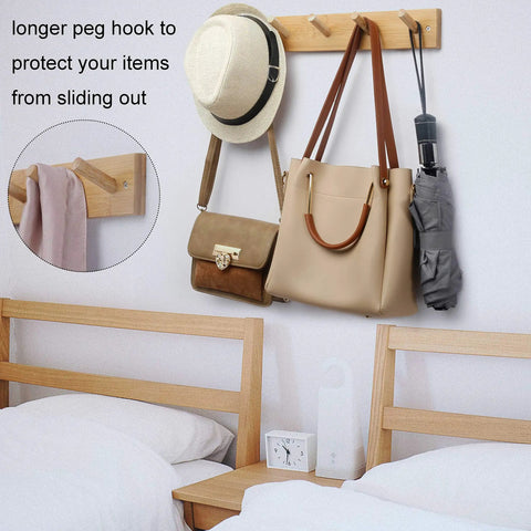 Wall Mounted Coat Rack With Five Hooks, 16 Inch Hole Spacing, Solid Bamboo Peg Rail For Hats Coats Towels Jackets Clothes