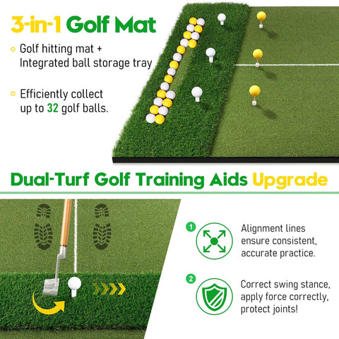 Durable 5x4ft Dual Turf Golf Hitting Mat With Ball Tray For Indoor And Outdoor Practice In Backyard Driving Range Simulator Mat Includes 10 Golf Balls 9 Tees And Carry Strap A Realistic Chipping And Swing Training Aid with alignment lines.
