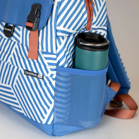 Side view of Backpack Cooler For 18 Cans With Bottle Opener Leakproof Insulated Cooler Bag showing blue stripe design and side pocket.