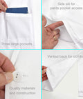 White Unisex Lab Coat With Long Sleeves, Breathable Polyester And Cotton Blend showing pockets, side slit, button, vented back