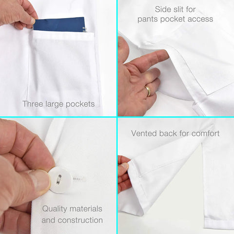 White Unisex Lab Coat With Long Sleeves, Breathable Polyester And Cotton Blend showing pockets, side slit, button, vented back