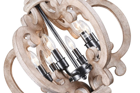 Close-up of Farmhouse Wood Pendant Light With Six Candle Holders Weathered White Chandelier Cottage Chic Crown Design