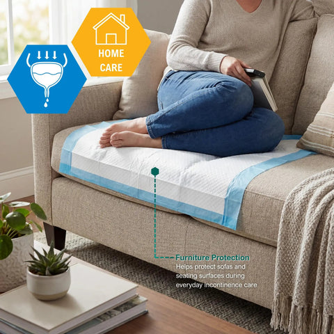 Top Shelf Super Absorbent Disposable Underpads 17 X 24 Inches Bone Dry Finish 100 Count Leak Proof Chux Pads on a couch.