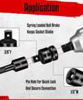 Application diagram of Premium 36-Piece Hex Bit Impact Socket Set With Metric And Sae Sizes Including Drivers, Adapters, And Allen Wrenches For Tough Auto Mechanic Jobs That Grit Your Teeth And Get The Job Done Right. showing 3/8 F to 1/2 M