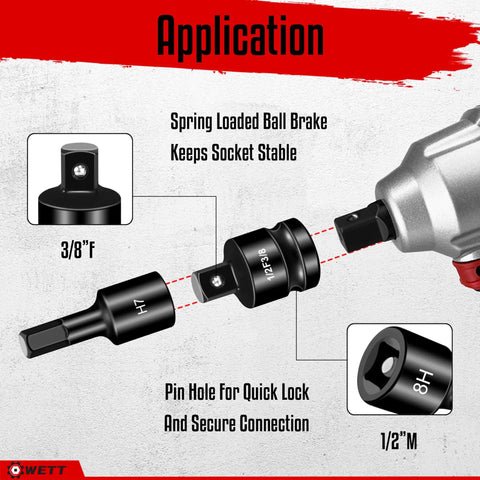 Application diagram of Premium 36-Piece Hex Bit Impact Socket Set With Metric And Sae Sizes Including Drivers, Adapters, And Allen Wrenches For Tough Auto Mechanic Jobs That Grit Your Teeth And Get The Job Done Right. showing 3/8 F to 1/2 M