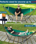 Foldable Hammock Stand For Camping And Home Use, Collapsible Double Hammock Set in use with steel frame and green net