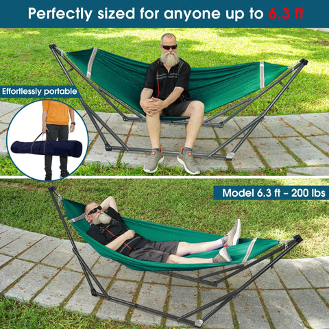 Foldable Hammock Stand For Camping And Home Use, Collapsible Double Hammock Set in use with steel frame and green net