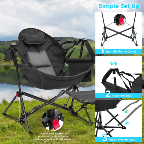 Setup instructions for Hammock Camping Chair With Detachable Footrest And Cup Holder, Foldable Portable Rocking Chair for adults outdoors.