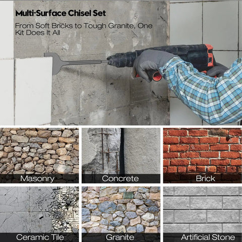Person using Beast 4 Piece SDS Plus Chisel Set For Demolition And Tile Removal on wall; masonry, concrete, brick shown below.