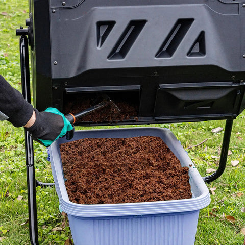 Person extracting compost from 42 Gallon Black Outdoor Garden Compost Tumbler Bin With Dual Chambers Rotating For Continuous Composting