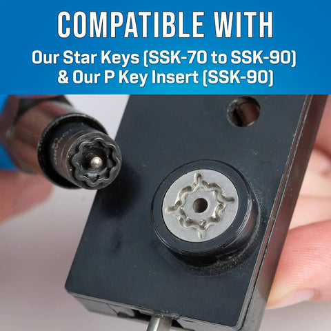 Close-up of SSK-876 Star Key Can Wrench Kit showing compatibility with SSK-70 to SSK-90 star keys on pedestal lock.