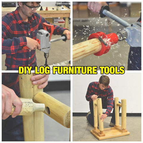 Man using Tenon Cutter for Log Furniture DIY Kit, 1 Inch Diameter, Radius Shoulder Profile with dual blades on wooden log.