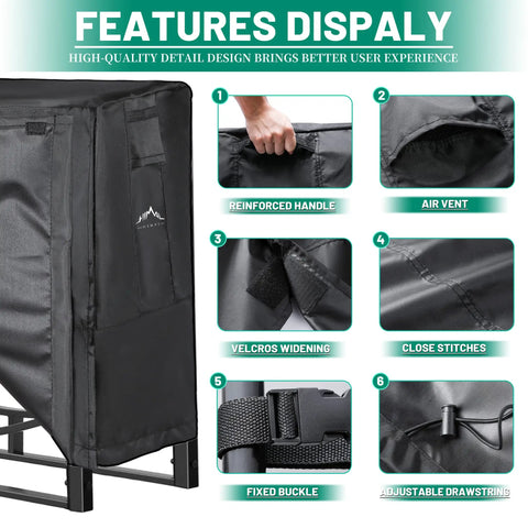 Close-up features of 8Ft Firewood Rack Cover Waterproof Ultra Tough 600D Oxford Canvas with buckle straps and air vent details.