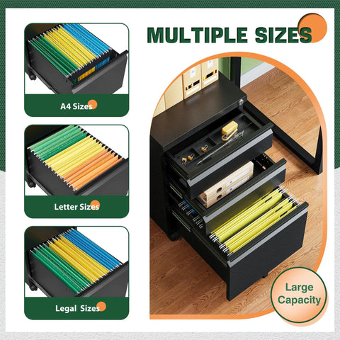 3 Drawer Mobile File Cabinet With Lock Heavy Duty Under Desk Steel Filing Cabinet for Home Office shown with A4, Letter, Legal files