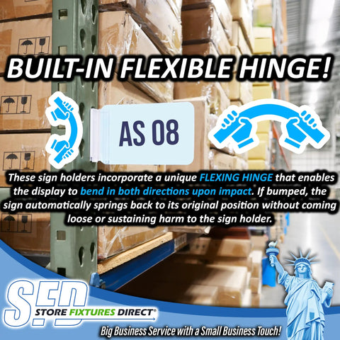 Heavy Duty Warehouse Aisle Sign Holders With Flexible Hinge For Pallet Rack Uprights holding sign AS 08 in a busy warehouse aisle.