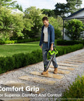 Heavy Duty Brushless Motor Turbo Leaf Blower Knocking Out Yard Leaves And Dust With 515 Cfm Airflow And 130 Mph Winds Slick Cordless 24 Volt Electric Handheld Blower For No Sweat Driveway Patio Cleanup Tool Only, user demonstrating comfort grip.
