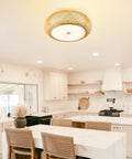 Handwoven Rattan Flush Mount Ceiling Light With Three E26 Bulbs In Dope Boho Style 15 Inch Drum Lamp over kitchen